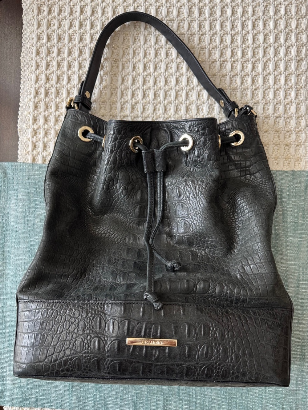 Brahmin Black Croc-Embossed Drawstring Shoulder Bag